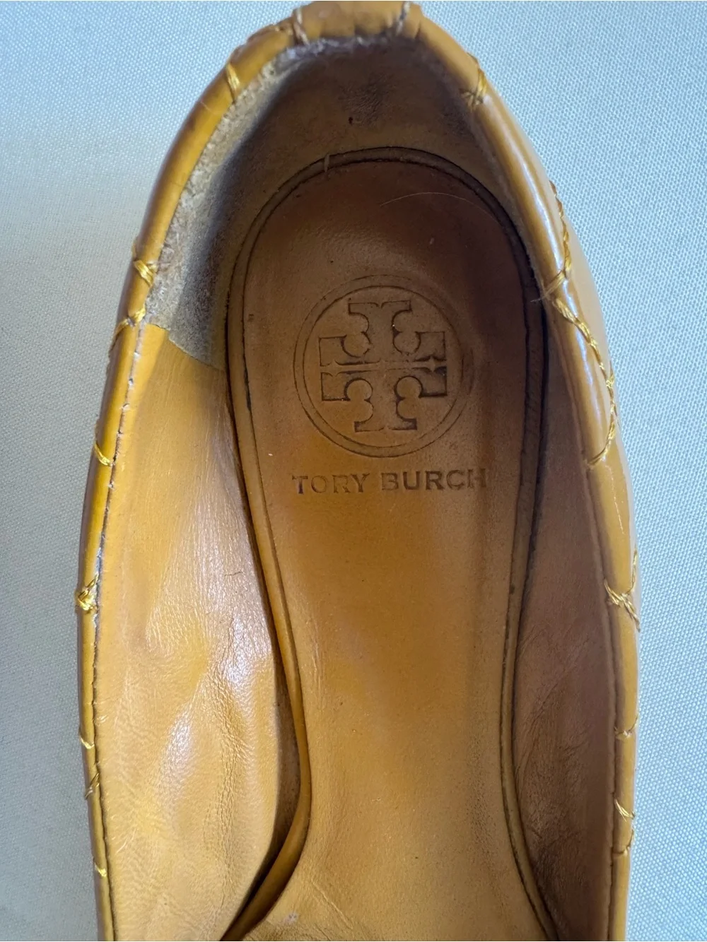 Tory Burch Quilted Mustard Leather Reva Flats with Logo Medallion